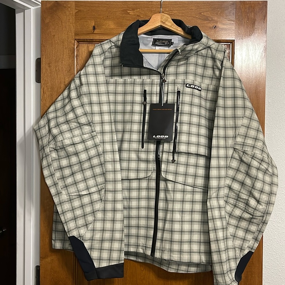Loop Tackle‎ Men's Fly Fishing Waterproof Hooded Zip Up Neutral Plaid Jacket XXL